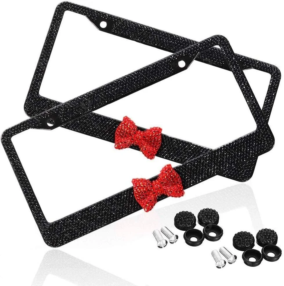 Car Accessory Bling Black License Plate Frame with Red Bow