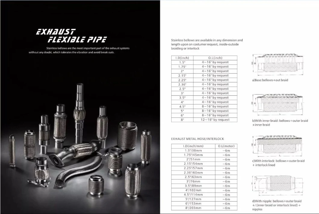 Custom Made Ss201 SS304 Inner Braid Outlock 2.5" 3" 3.5" Exhaust Stainless Flex Bellow Flexible Pipe for Automotive