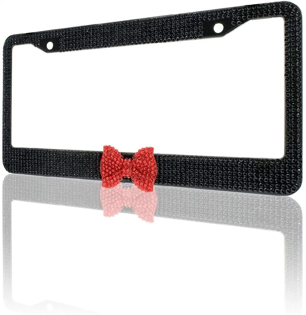 Car Accessory Bling Black License Plate Frame with Red Bow